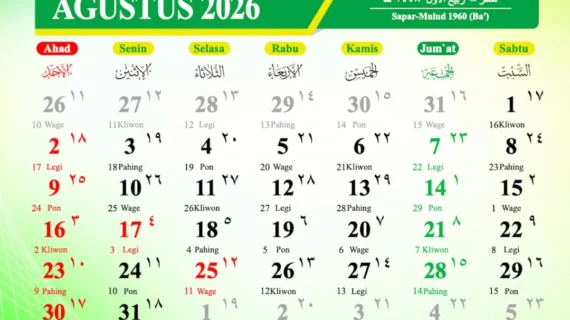 Kalender Agustus 2026 Lengkap dengan Tanggal Merah, Hari Libur, Kalender Jawa, Bali, dan Hijriah